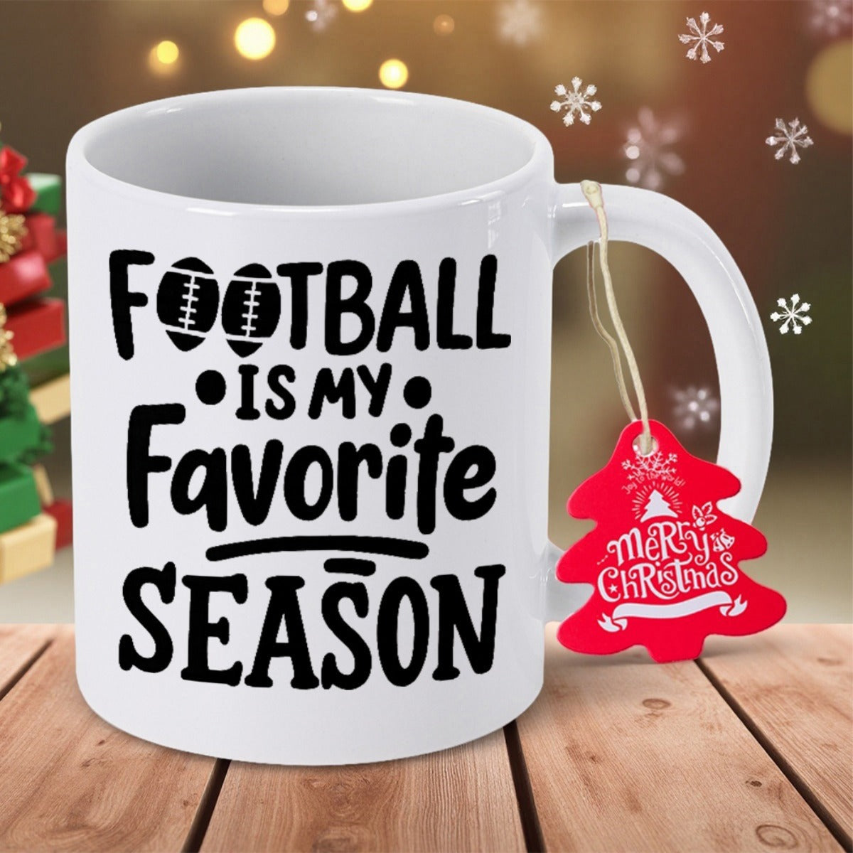 Tailorly White Ceramic 11 oz Mug - Football Is My Favorite Season Merry Christmas Clean White Ceramic Base Featuring Small Black Footballs Mug