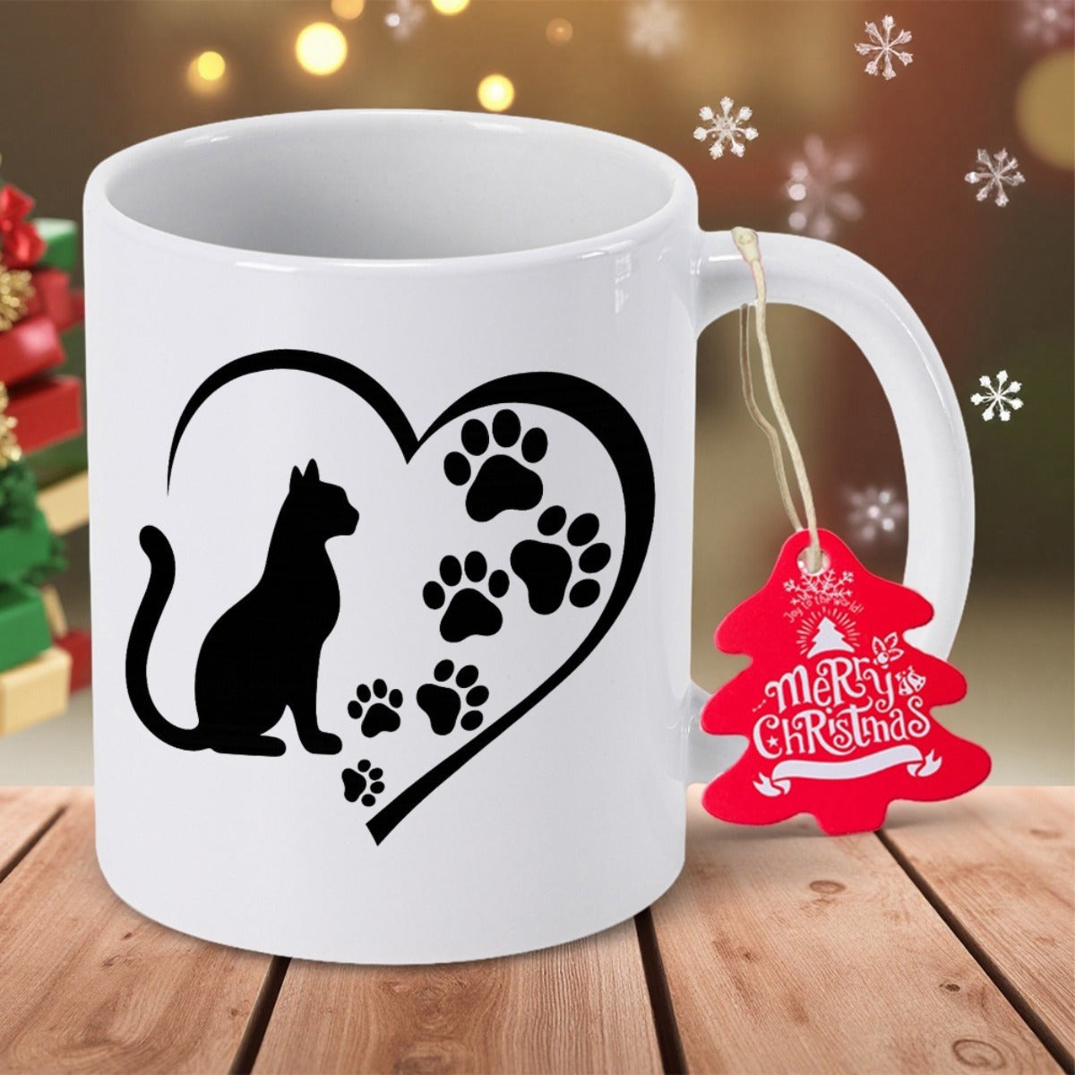 Tailorly White Ceramic 11 oz Mug - Merry Christmas Minimalist Black Silhouette Heart Design With Multiple Small Paw Prints Cat