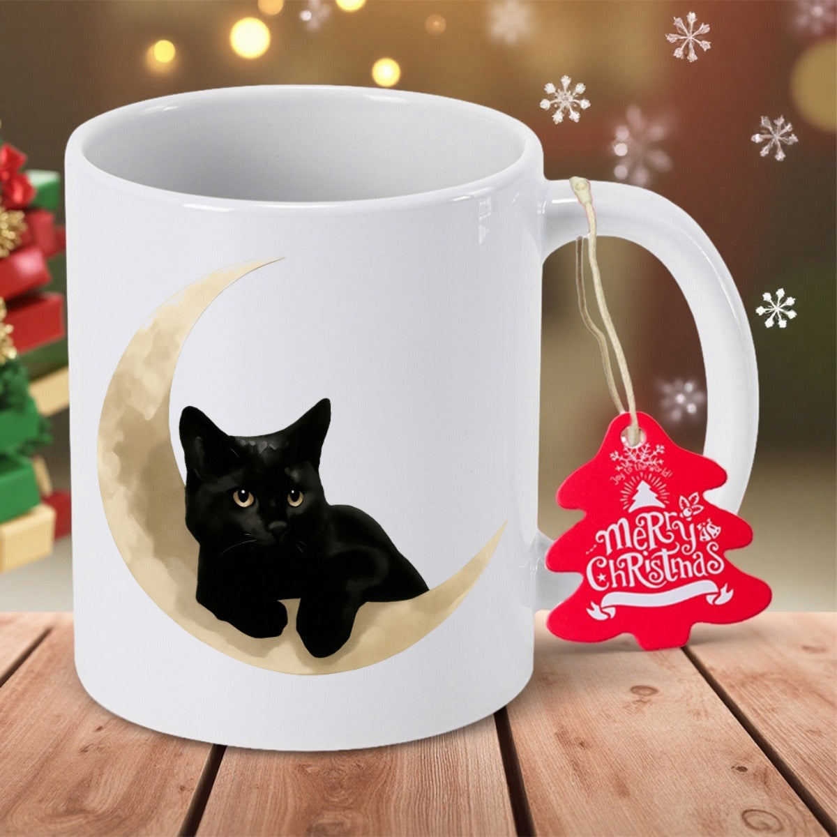 Tailorly White Ceramic 11 oz Mug - Merry Christmas Black Kitten Resting Peacefully On A Watercolor Golden Crescent Moon Cat