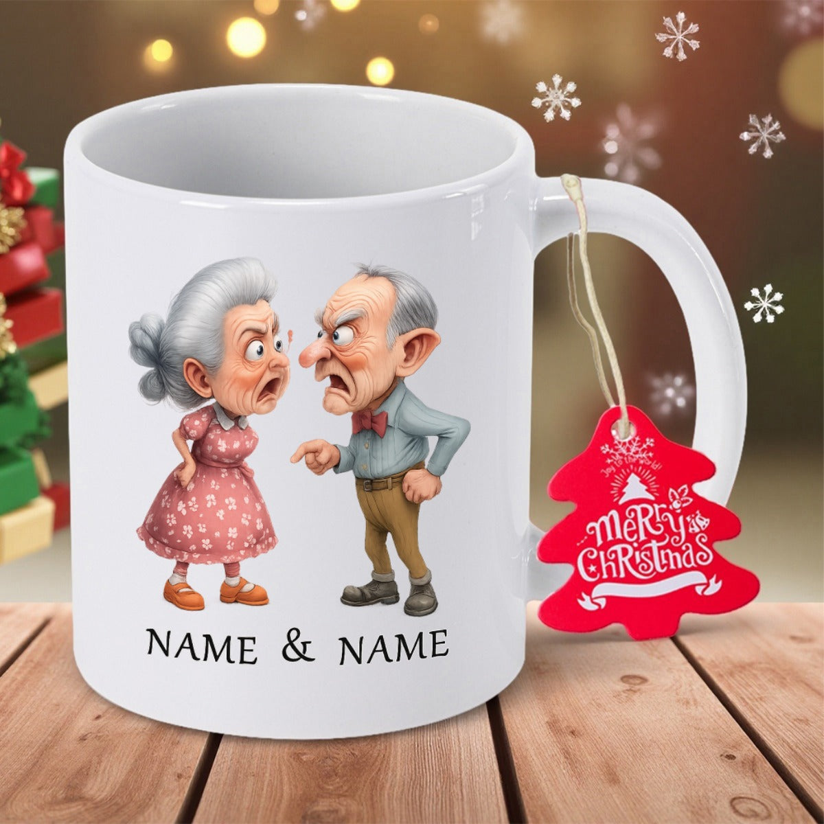 Tailorly White Ceramic 11 oz Mug - Name Name Merry Christmas Animated Grumpy Elderly Man And Woman Arguing With Expressive Faces Couple