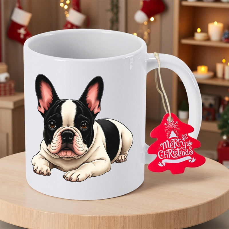 Tailorly White Ceramic 11 oz Mug - Merry Christmas Cute Black And White Spotted Puppy Resting Calmly With Large Ears French Bulldog