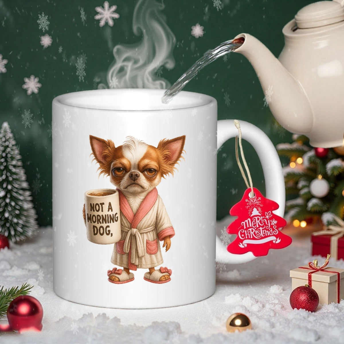 Tailorly White Ceramic 11 oz Mug - Not A Morning Dog Grumpy Tiny Chihuahua Wearing Pink Bathrobe In Festive Snowy Winter Scenery Chihuahua