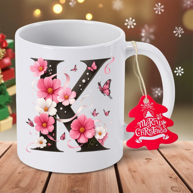 Tailorly White Ceramic 11 oz Mug - Merry Christmas K Elegant Pink Floral Blooms With Butterflies Gracing A Bold Serif Letter