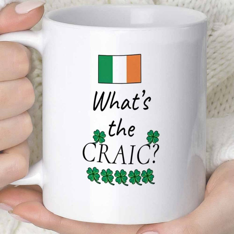 Tailorly White Ceramic 11 oz Mug - Whats The Craic Irish Flag Set Above Text Surrounded By Vibrant Green Four Leaf Clover