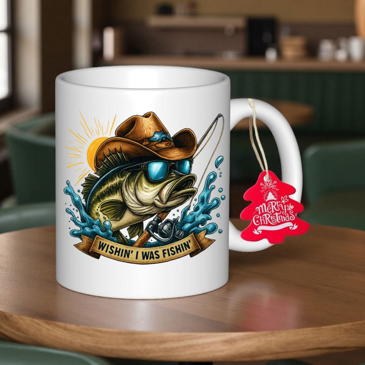 Tailorly White Ceramic 11 oz Mug - Wishin I Was Fishin Cool Cartoon Wearing Cowboy Hat And Sunglasses Holding Long Fishing Rod Bass