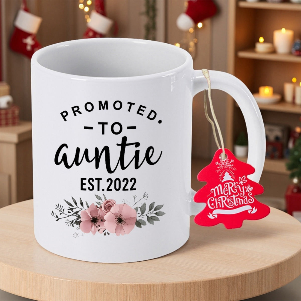 Tailorly White Ceramic 11 oz Mug - Promoted To Auntie Est 2022 Elegant Pink Blossoms Nestled Within Delicate Green Foliage Mug
