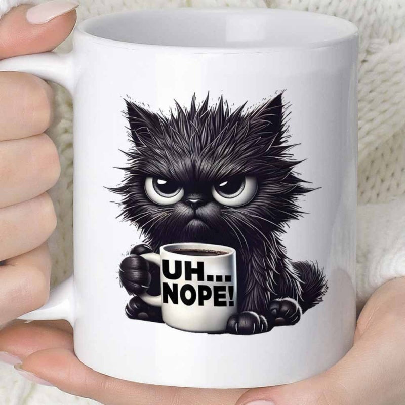 Tailorly White Ceramic 11 oz Mug - Uh Nope Messy Haired Grumpy Black Feline Holding A Tiny Cat