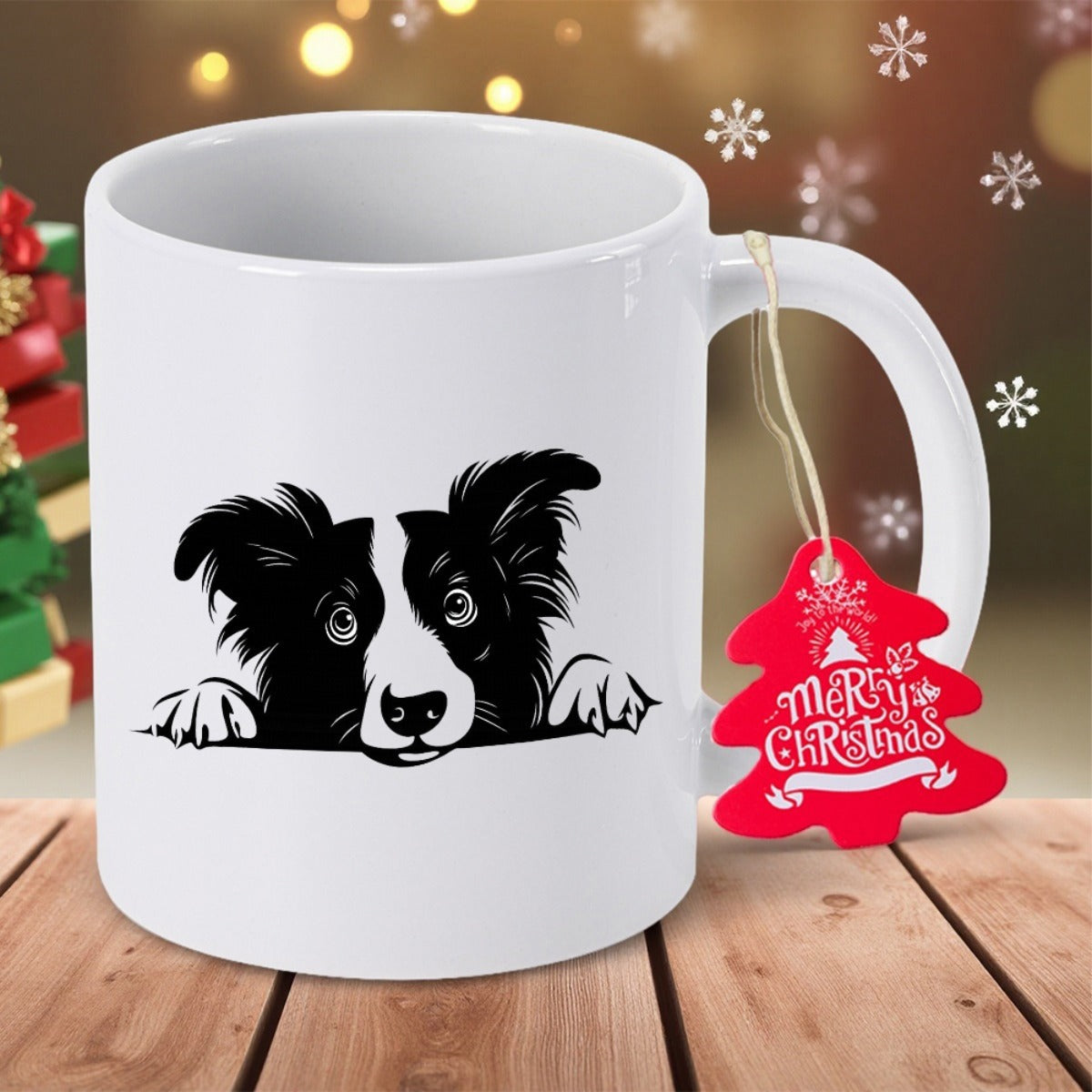 Tailorly White Ceramic 11 oz Mug - Merry Christmas Adorable Border Collie Peeking Over Edge With Curious Expression Dog
