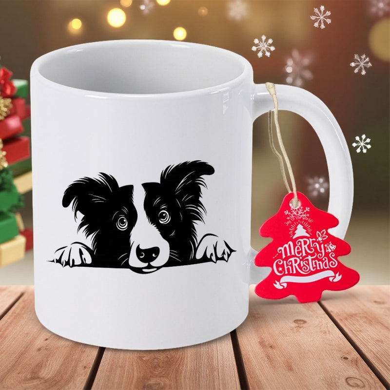 Tailorly White Ceramic 11 oz Mug - Merry Christmas Adorable Border Collie Peeking Over Edge With Curious Expression Dog