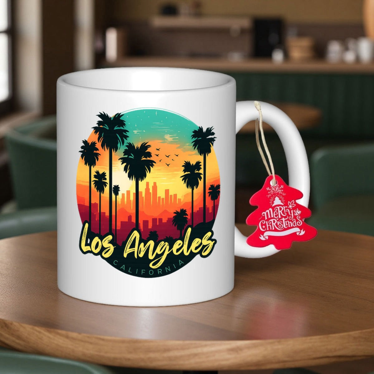 Tailorly White Ceramic 11 oz Mug - Los Angeles California Vibrant Retro Sunset Colors Highlighting City Silhouettes Under Tall Palm Trees Skyline