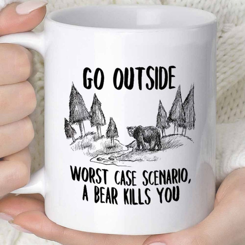 Tailorly White Ceramic 11 oz Mug - Go Outside Worst Case Scenario A Bear Kills You Sketching Style Forest Scene With Tall Pine Trees And Wild Bear