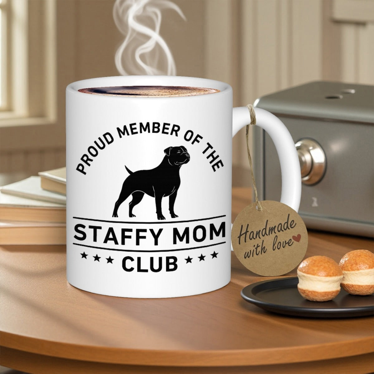 Tailorly White Ceramic 11 oz Mug - Proud Member Of The Staffy Mom Club Strong Muscular Black Dog Silhouette Standing Proudly On A Clean White Background Dog