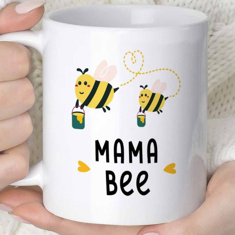 Tailorly White Ceramic 11 oz Mug - Mama Bee Two Cute Cartoon Insects Carrying Small Honey Buckets And Hearts Bee