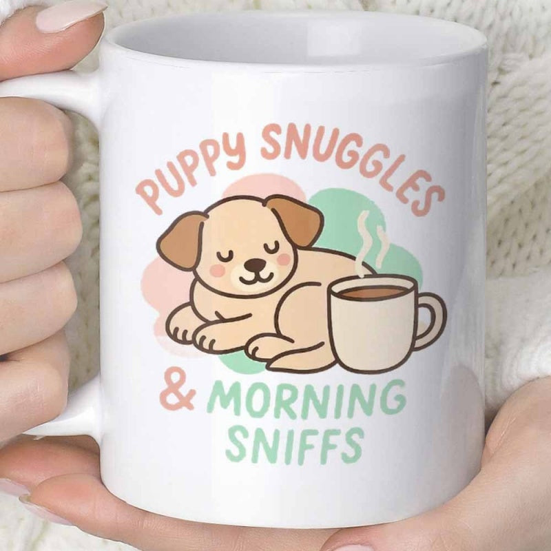 Tailorly White Ceramic 11 oz Mug - Puppy Snuggles Morning Sniffs Adorable Cartoon Puppy Resting Beside Steaming Coffee Cup With Pastel Circles Puppy
