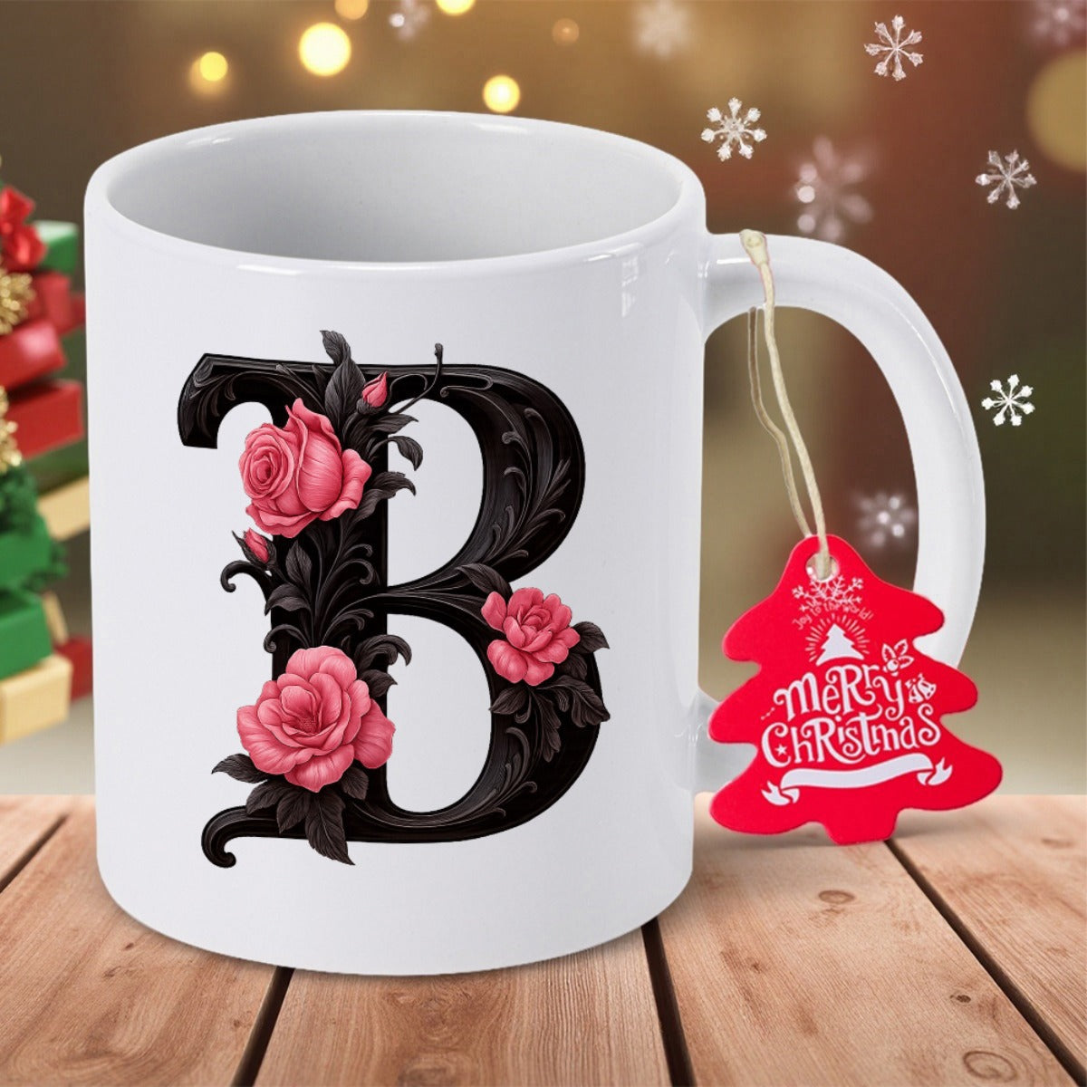 Tailorly White Ceramic 11 oz Mug - B Merry Christmas Elegant Black Gothic Letter B Adorned With Blooming Pink Roses Mug