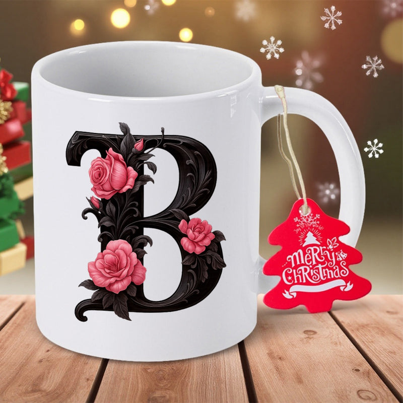 Tailorly White Ceramic 11 oz Mug - B Merry Christmas Elegant Black Gothic Letter B Adorned With Blooming Pink Roses Mug
