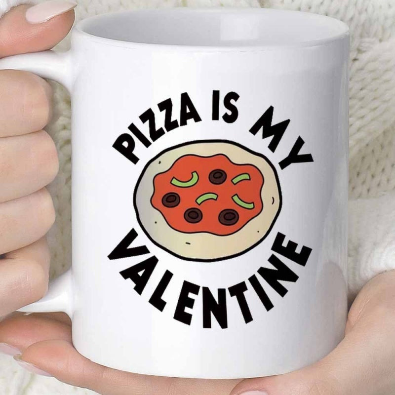Tailorly White Ceramic 11 oz Mug - Pizza Is My Valentine Delicious Hand Drawn Pepperoni Pizza With Toppings On A Pure White Pizza