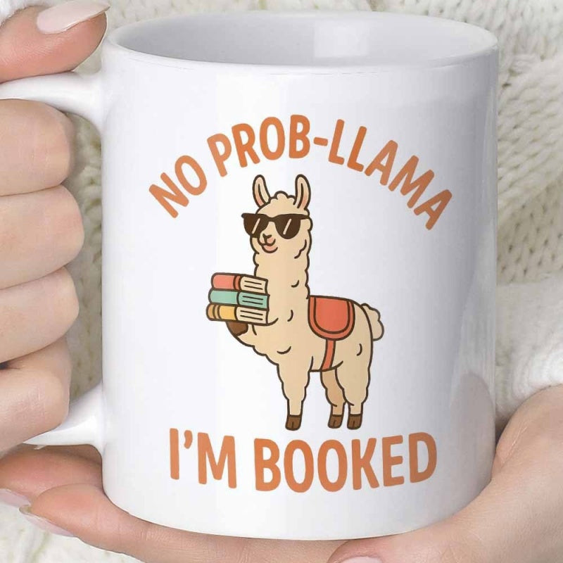 Tailorly White Ceramic 11 oz Mug - No Prob Llama I'm Booked Cute Cartoon Animal Wearing Cool Sunglasses Carrying Three Small Books Llama