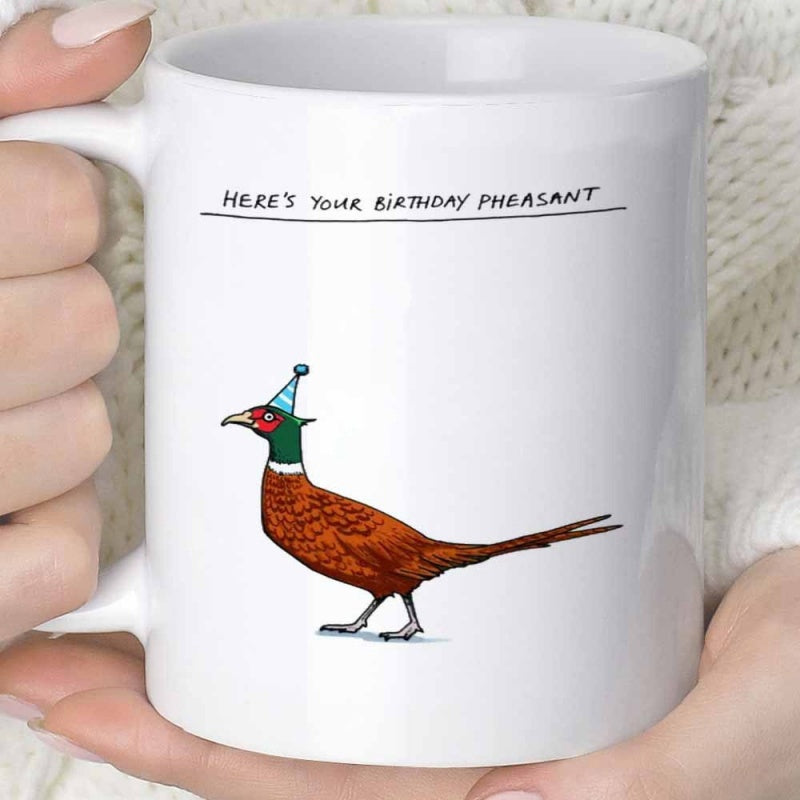 Tailorly White Ceramic 11 oz Mug - Heres Your Birthday Pheasant Colorful Wild Bird Wearing Small Festive Party Hat Standing Pheasant
