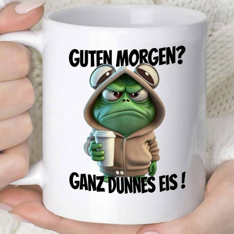 Tailorly White Ceramic 11 oz Mug - Grumpy Green Creature Wearing Casual Hoodie Holding Small Coffee Cup Frog