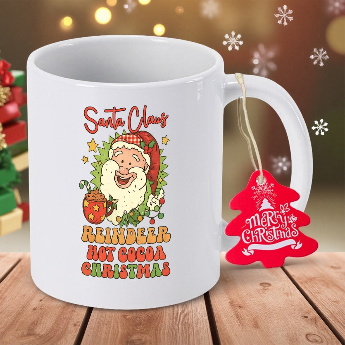 Tailorly White Ceramic 11 oz Mug - Santa Claus Reindeer Hot Cocoa Christmas Jolly Festive Cartoon Figure Holding A Cup Of Warm Hot Chocolate Santa Claus