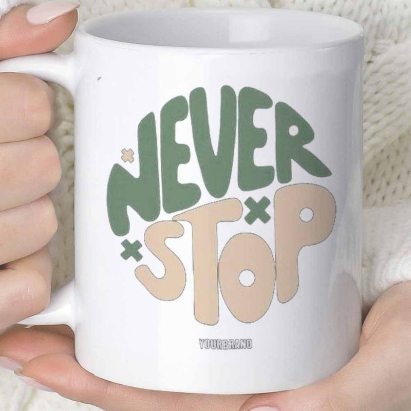 Tailorly White Ceramic 11 oz Mug - Never Stop Retro Bubbly Letters In Green And Tan With Cross Accents Typography