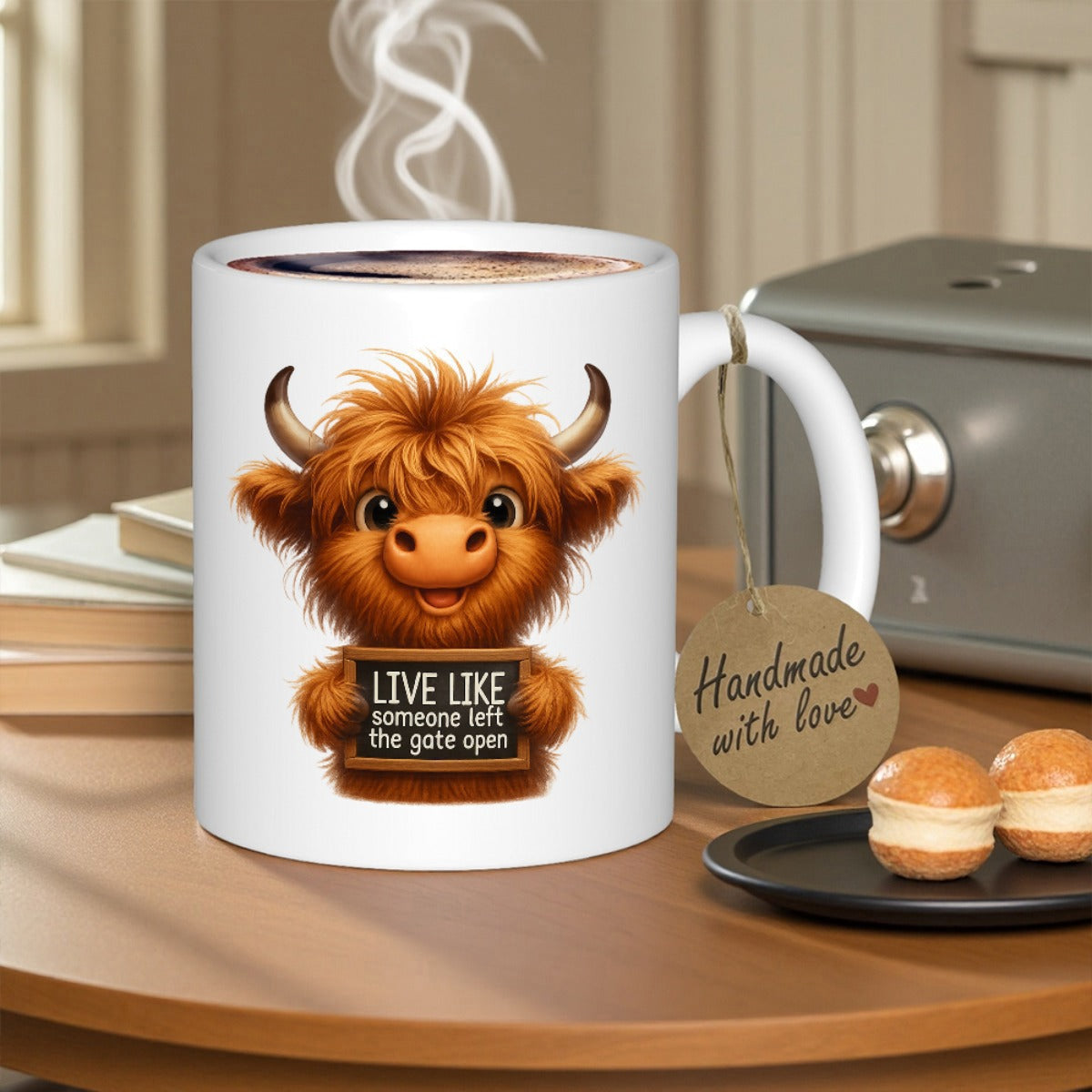 Tailorly White Ceramic 11 oz Mug - Live Like Someone Left The Gate Open Adorable Ginger Highland Cow With Fluffy Hair Holding Small Message Sign Cow