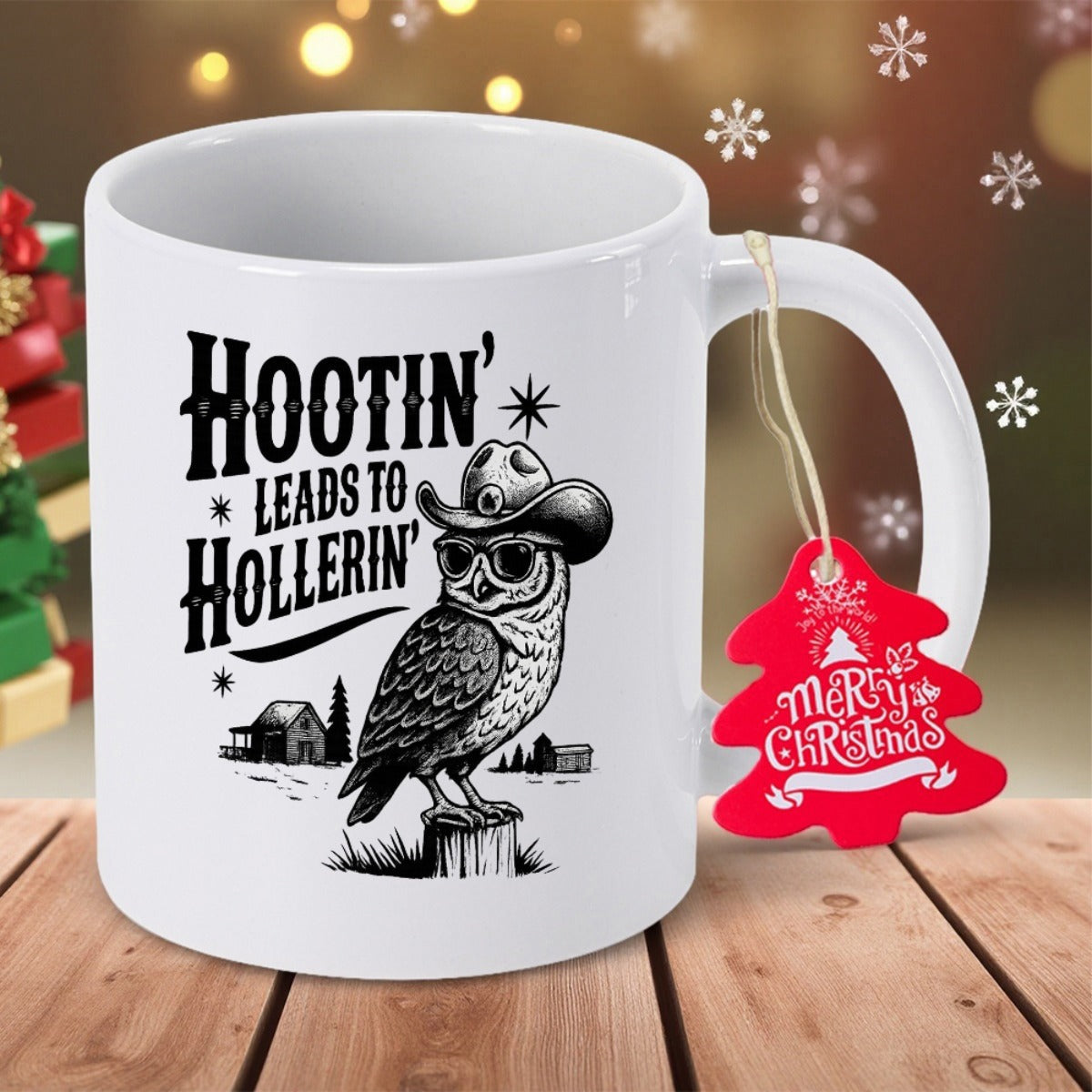 Tailorly White Ceramic 11 oz Mug - Hootin Leads To Hollerin Vintage Ink Drawing Of Wise Bird Wearing Western Cowboy Hat Owl