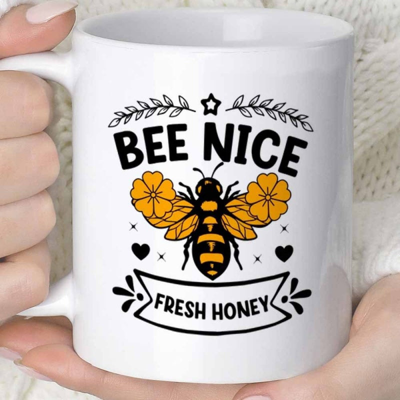 Tailorly White Ceramic 11 oz Mug - Bee Nice Fresh Honey Charming Nature Illustration With Floral Wings And Hearts Bee