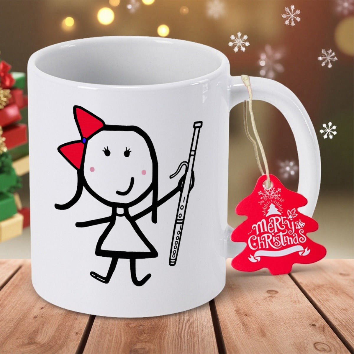 Tailorly White Ceramic 11 oz Mug - Merry Christmas Minimalist Hand Drawn Stick Figure Wearing Red Bow Holding Flute Girl