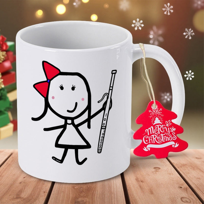 Tailorly White Ceramic 11 oz Mug - Merry Christmas Minimalist Hand Drawn Stick Figure Wearing Red Bow Holding Flute Girl