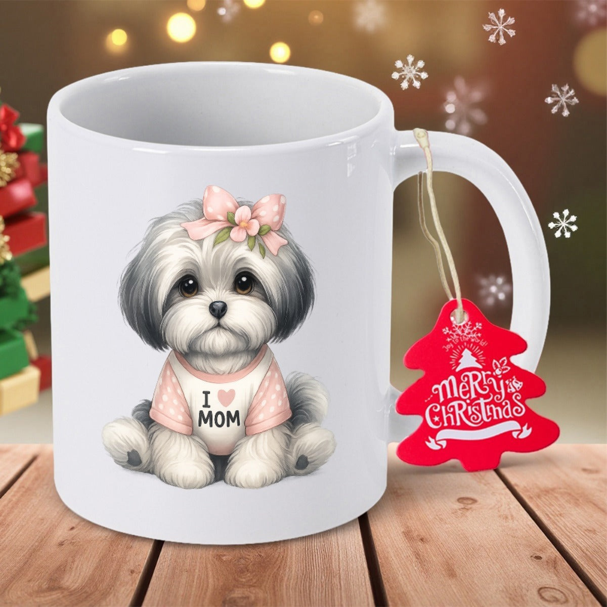 Tailorly White Ceramic 11 oz Mug - I Love Mom Merry Christmas Adorable Small Fluffy Dog Wearing A Pink Bow And Polka Dot Sweater Puppy