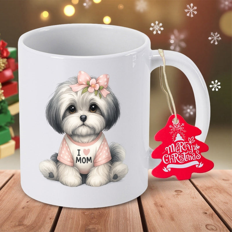 Tailorly White Ceramic 11 oz Mug - I Love Mom Merry Christmas Adorable Small Fluffy Dog Wearing A Pink Bow And Polka Dot Sweater Puppy