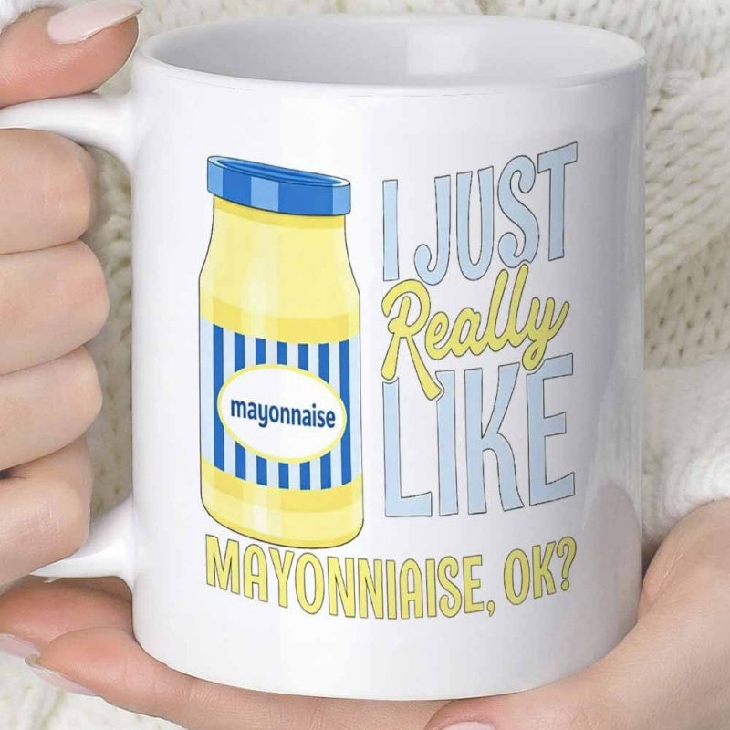 Tailorly White Ceramic 11 oz Mug - I Just Really Like Mayonnaise OK Cartoon Food Illustration With Striped Label Jar
