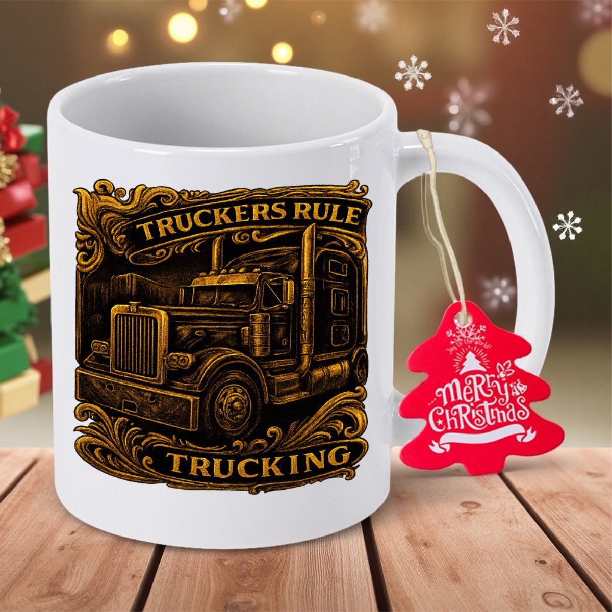 Tailorly White Ceramic 11 oz Mug - Truckers Rule Trucking Vintage Style Heavy Duty Semi Truck Featuring Ornate Decorative Gold Filigree Truck