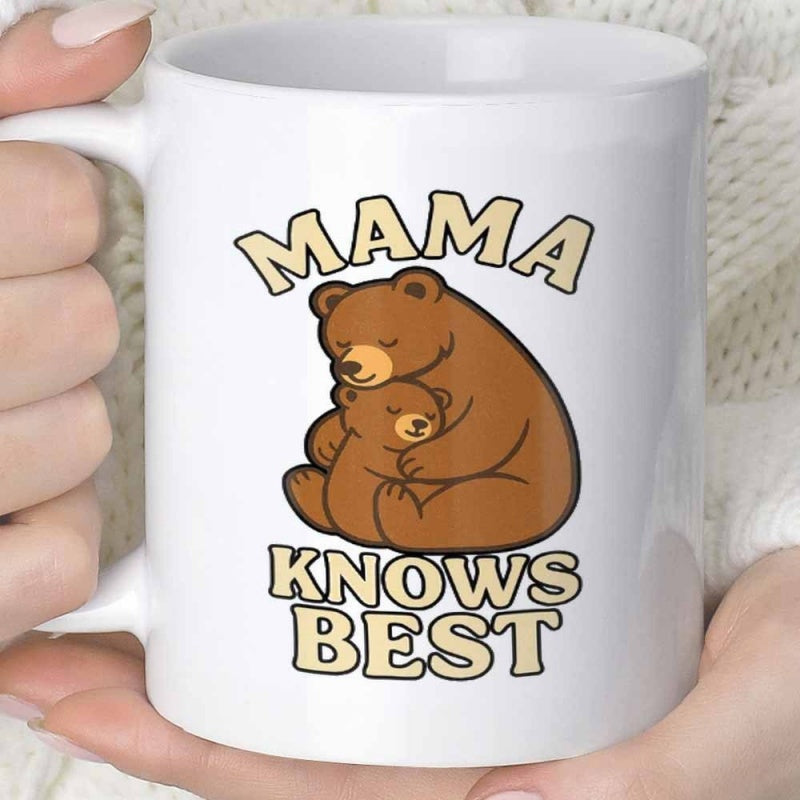 Tailorly White Ceramic 11 oz Mug - Mama Knows Best Adorable Brown Bear Mother Cuddling Small Cub With Warm Affectionate Embrace Bear