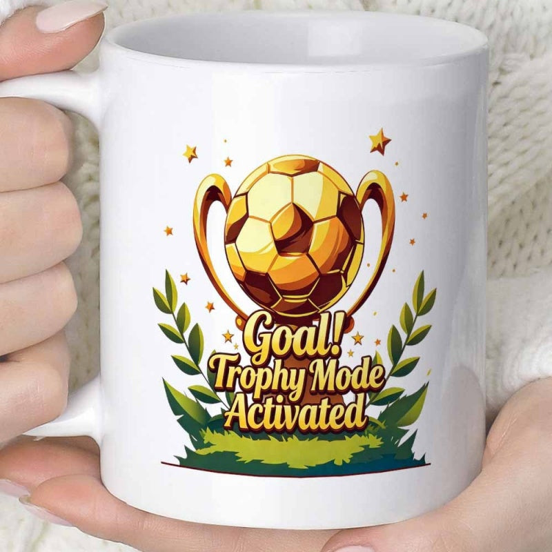 Tailorly White Ceramic 11 oz Mug - Goal Trophy Mode Activated Golden Soccer Ball Shining Among Laurel Leaves And Small Sparkling Stars Trophy