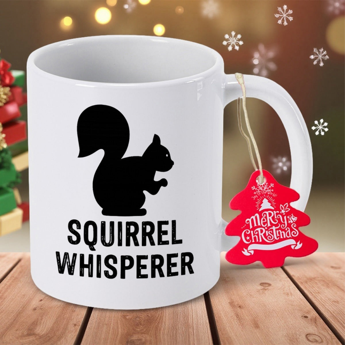 Tailorly White Ceramic 11 oz Mug - Squirrel Whisperer Minimalist Solid Black Silhouette Featuring A Small Bushy Tailed Squirrel
