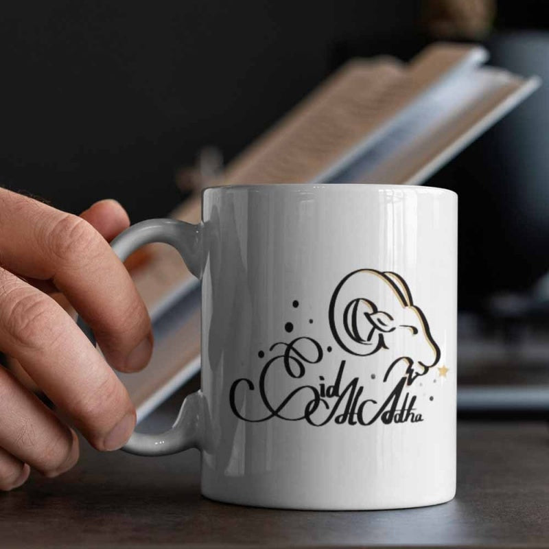 Tailorly White Ceramic 11 oz Mug - Eid Al Adha Stylized Black Line Art With Elegant Script Lettering And Artistic Dots Ram