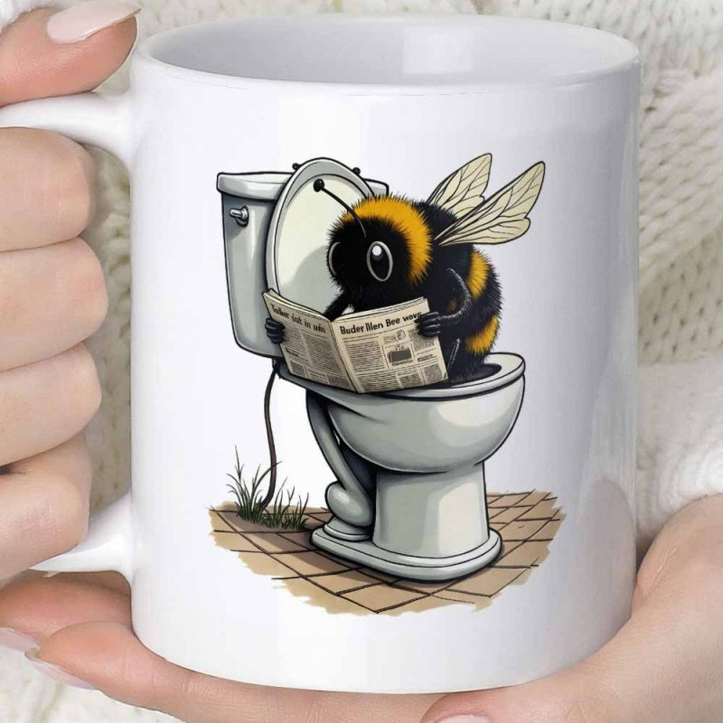 Tailorly White Ceramic 11 oz Mug - Whimsical Cartoon Character Sitting On A Porcelain Toilet Reading Newspaper Bee