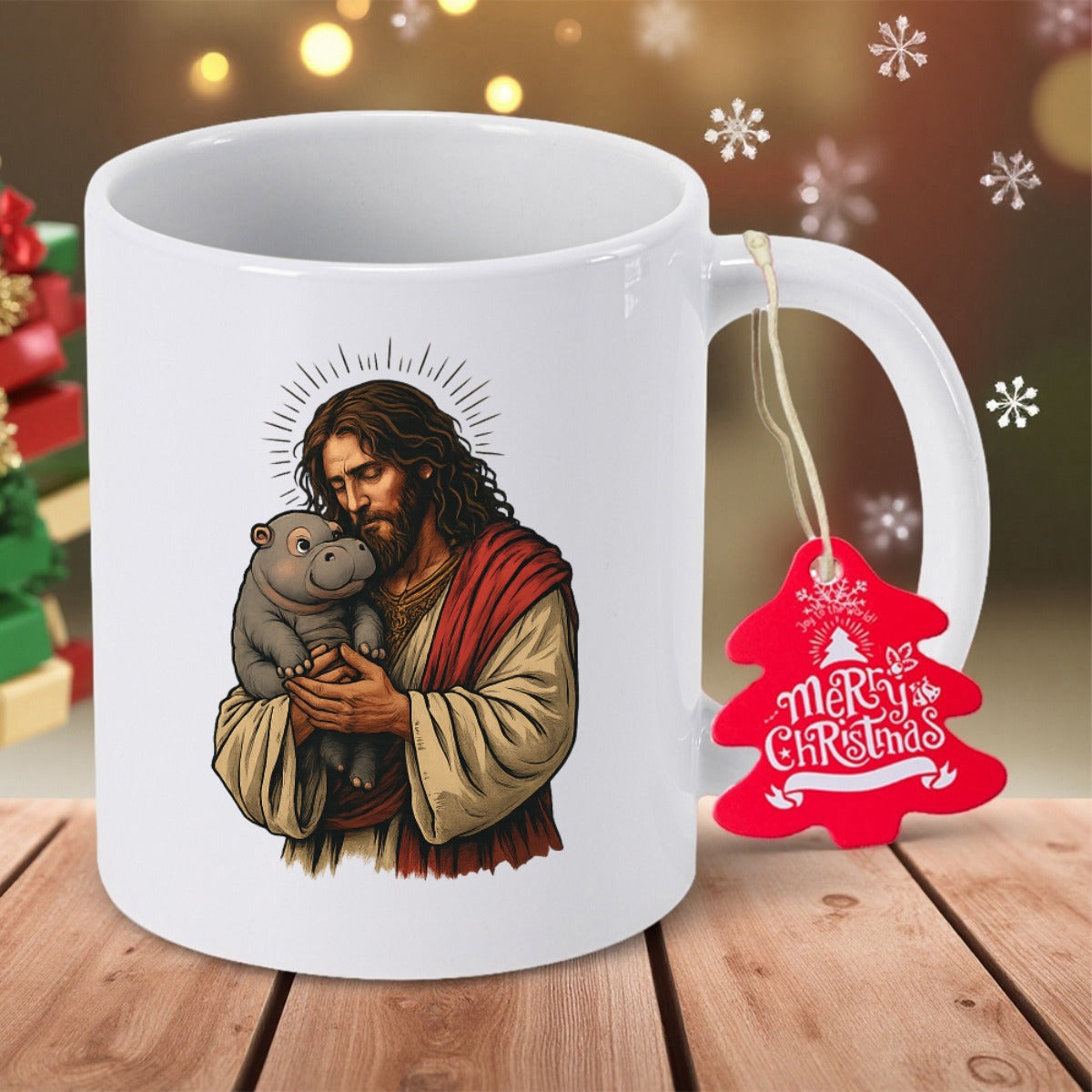 Tailorly White Ceramic 11 oz Mug - Merry Christmas Cradling A Small Baby Hippo Among Soft Radiant Divine Light Jesus