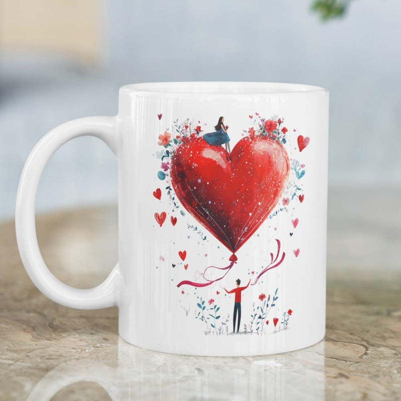 Tailorly White Ceramic 11 oz Mug - Elegant Couple Amidst Blooming Floral Accents Sitting Upon A Floating Radiant Red Heart