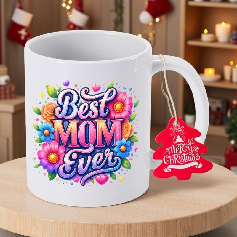 Tailorly White Ceramic 11 oz Mug - Best Mom Ever Colorful Blossoming Floral Pattern Featuring Vibrant Hearts And Decorative Swirls Mug