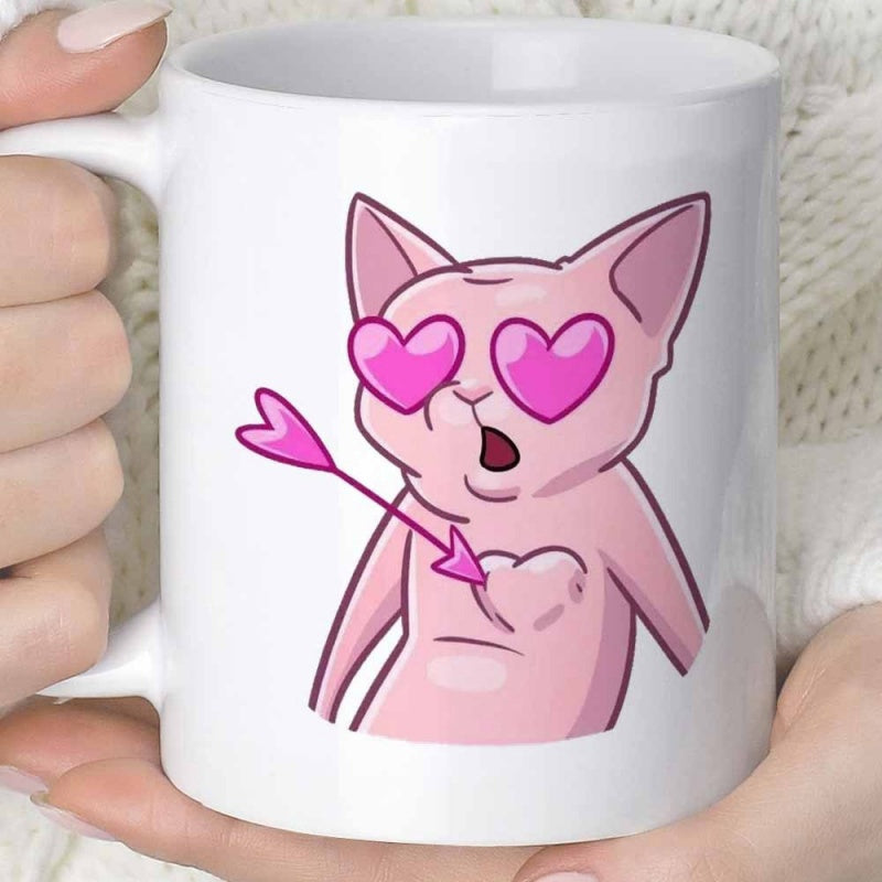 Tailorly White Ceramic 11 oz Mug - Whimsical Pink Cartoon Sphinx With Heart Eyes Pierced By Love Arrow Cat