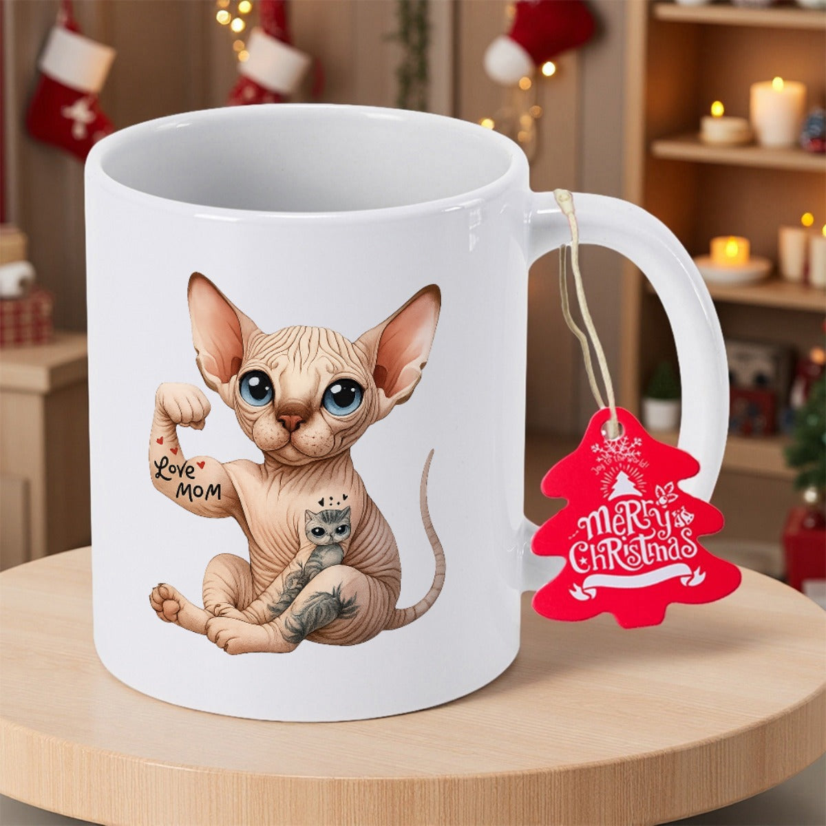 Tailorly White Ceramic 11 oz Mug - Love Mum Merry Christmas Muscular Tattooed Body With Flexing Arm Sitting On Surface Sphinx Cat