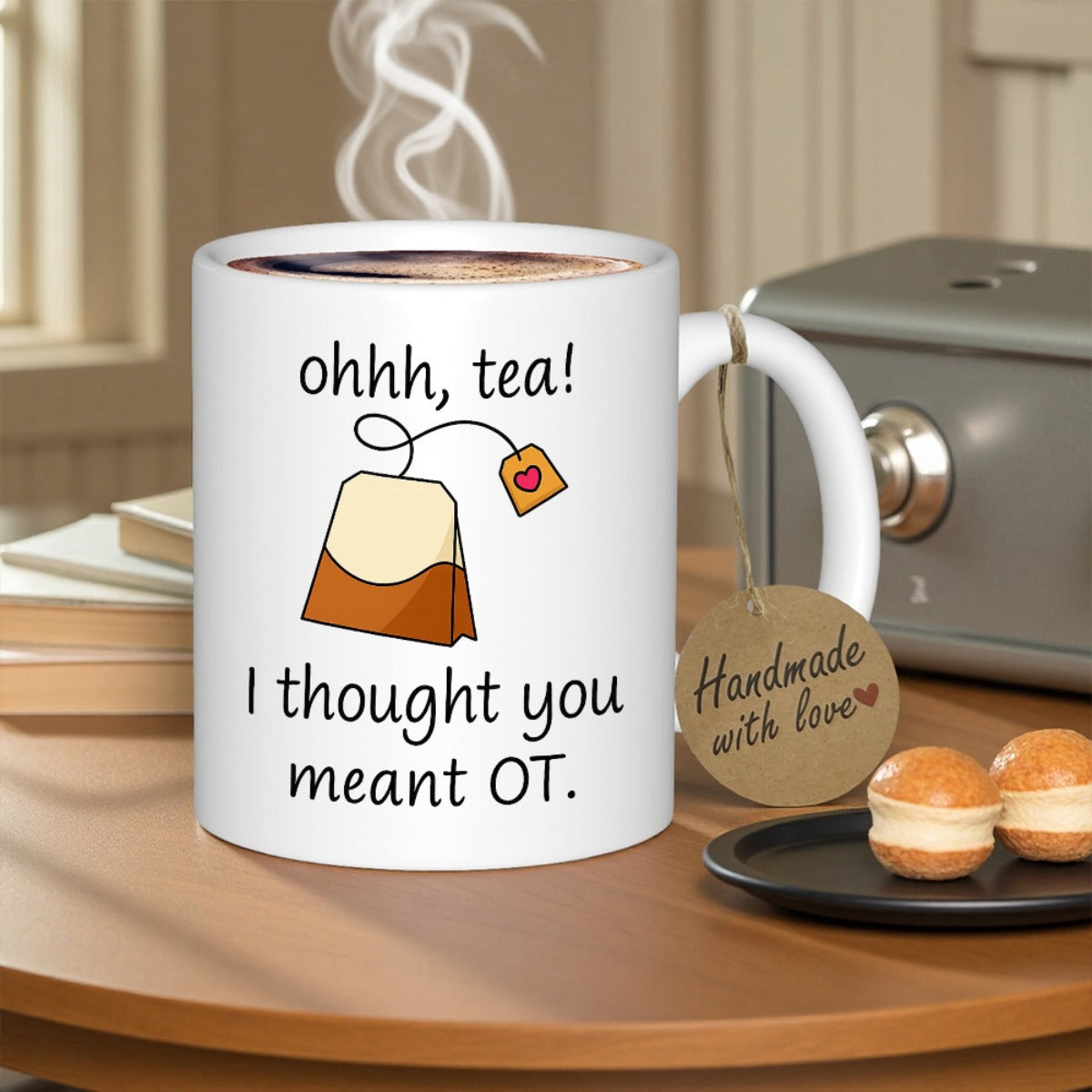 Tailorly White Ceramic 11 oz Mug - Ohhh Tea I Thought You Meant OT Minimalist Illustrated Tea Bag With Heart Tag Against White Background Mug