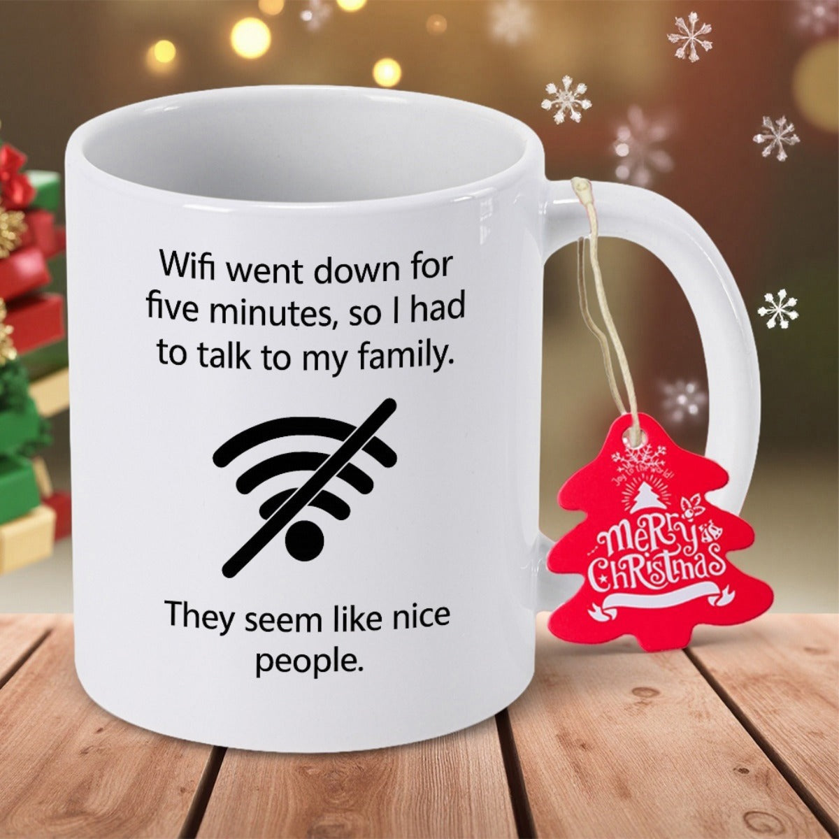 Tailorly White Ceramic 11 oz Mug - Wifi Went Down For Five Minutes So I Had To Talk To My Family They Seem Like Nice People Minimalist Black Wireless Signal Icon