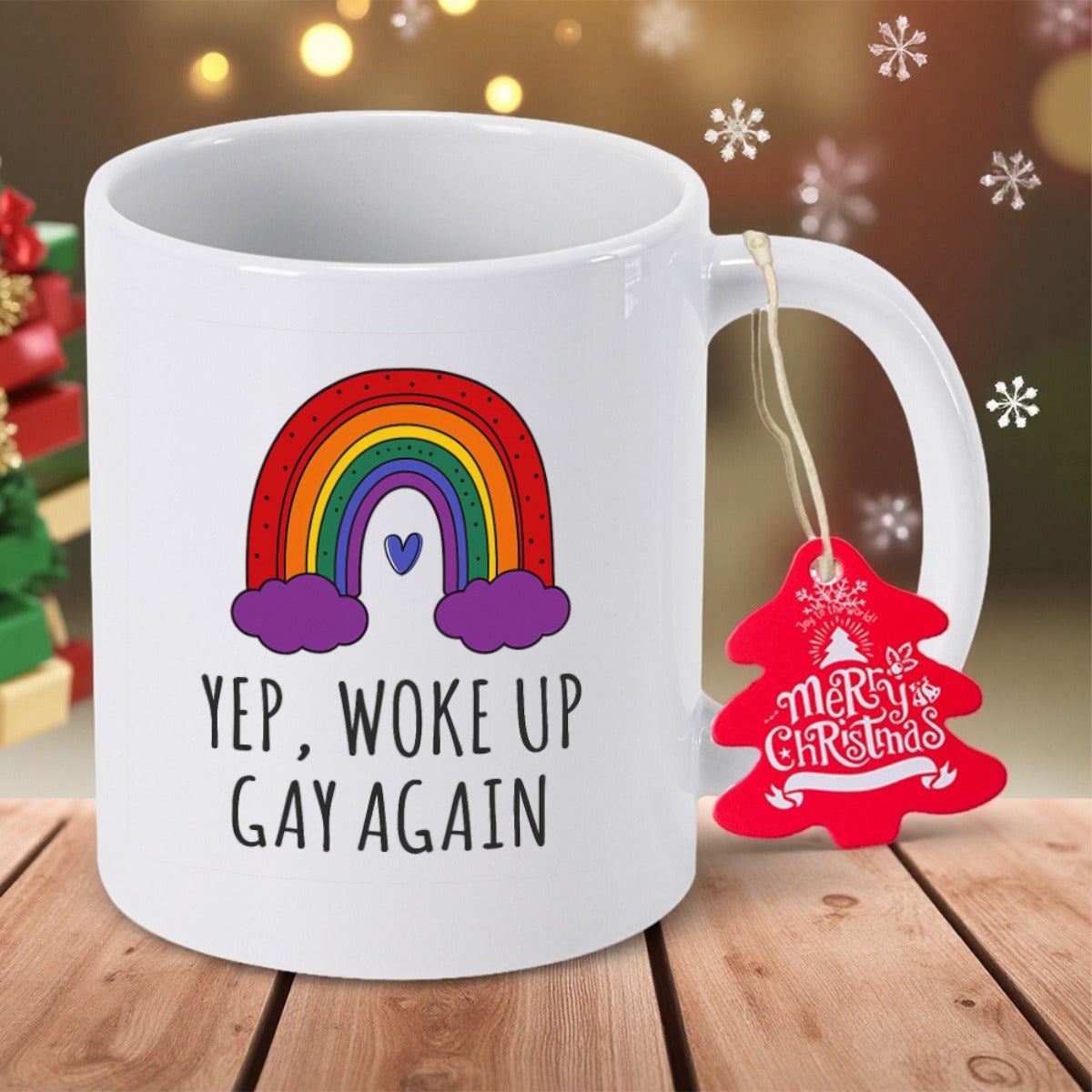 Tailorly White Ceramic 11 oz Mug - Yep Woke Up Gay Again Vibrant Colorful Rainbow Rising Above Soft Purple Clouds With Blue Heart Mug