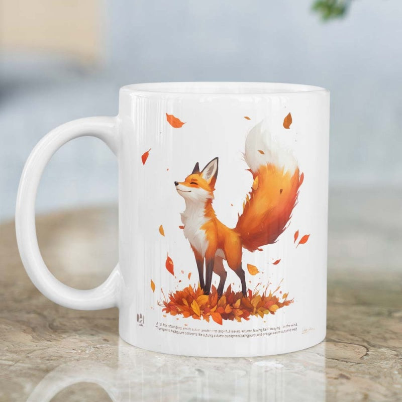 Tailorly White Ceramic 11 oz Mug - Charming Red Fox Standing On Colorful Autumn Leaves Among Falling Foliage Fox