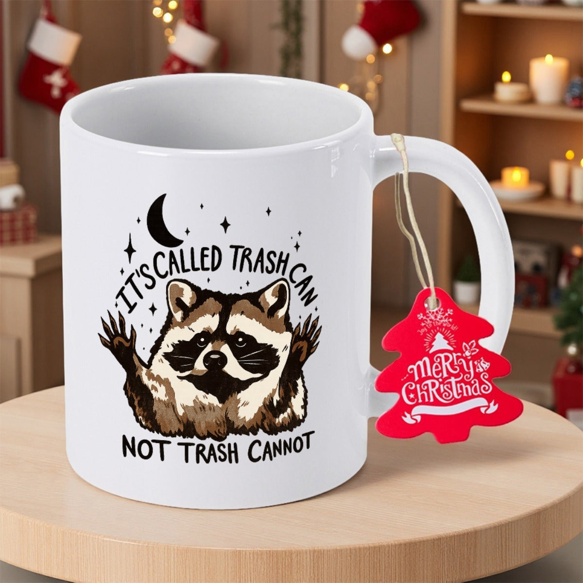 Tailorly White Ceramic 11 oz Mug - Its Called Trash Can Not Trash Cannot Adorable Sitting Under A Crescent Moon And Twinkling Stars Raccoon